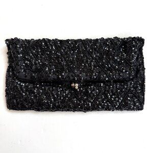 Vtg La Regale Sequin Beaded Foldover Clutch Handbag Black Japan 50s 60s Evening